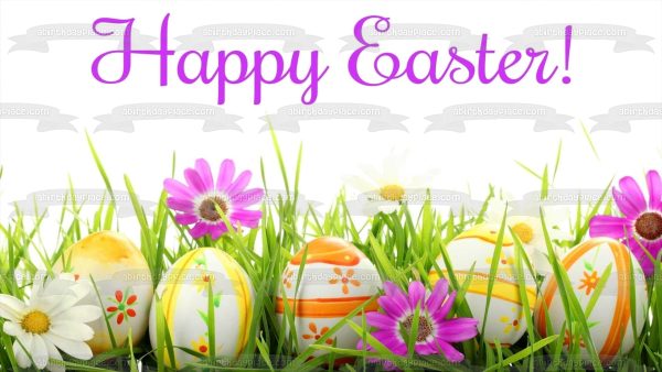 Happy Easter Colorful Eggs and Flowers Edible Cake Topper Image ABPID55772 Online