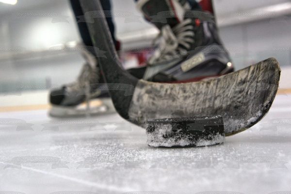 Hockey Stick and Puck on Ice Edible Cake Topper Image ABPID55496 on Sale