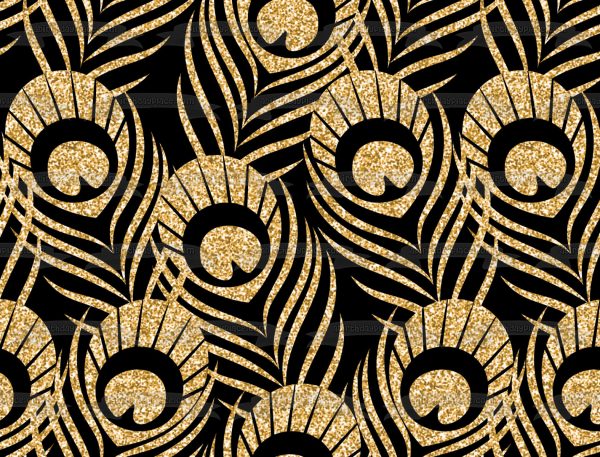 Gold and Black Peacock Feathers Pattern Edible Cake Topper Image or Strips ABPID55559 Online now