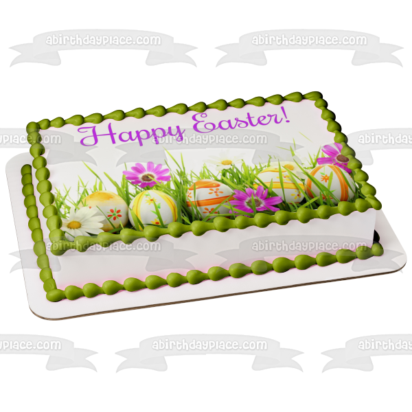 Happy Easter Colorful Eggs and Flowers Edible Cake Topper Image ABPID55772 Online