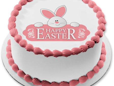 Happy Easter Pink and White Bunny Edible Cake Topper Image ABPID55775 Fashion