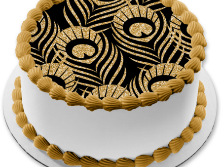 Gold and Black Peacock Feathers Pattern Edible Cake Topper Image or Strips ABPID55559 Online now