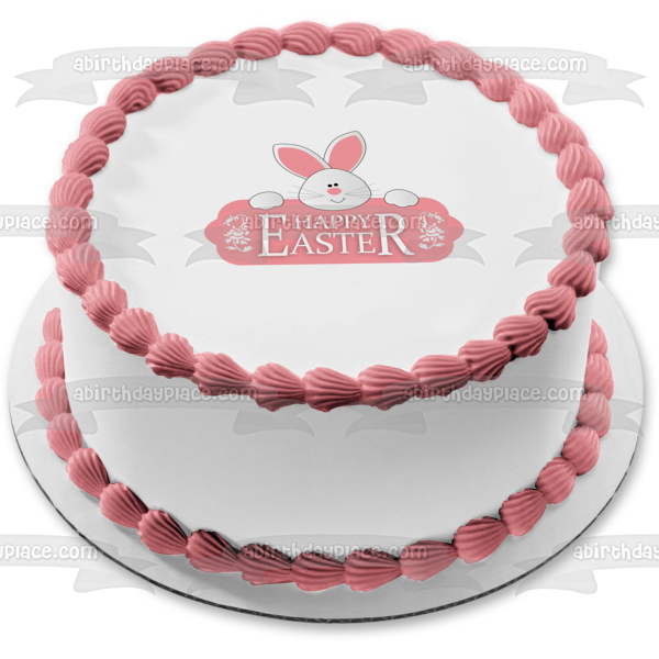 Happy Easter Pink and White Bunny Edible Cake Topper Image ABPID55775 Fashion