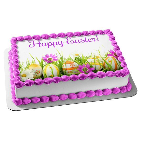 Happy Easter Colorful Eggs and Flowers Edible Cake Topper Image ABPID55772 Online